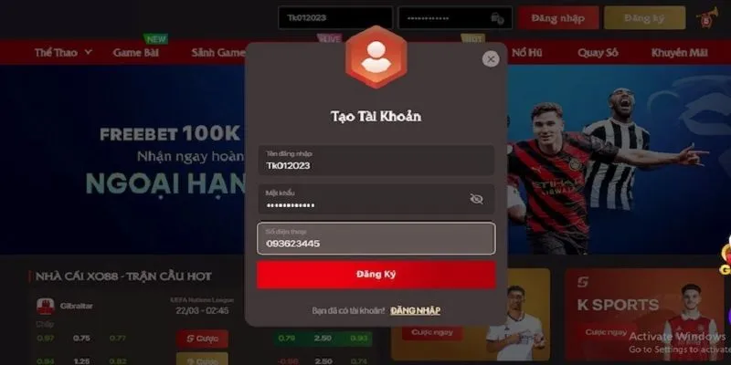 Nhập đầy đủ thông tin trên hộp thoại đăng ký XO88 theo yêu cầu